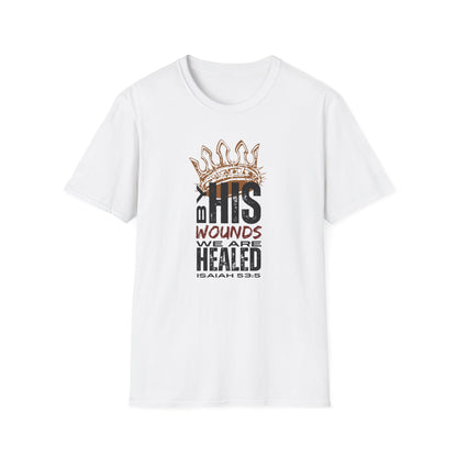 White T-Shirt featuring Christ our Healer apparel with inspirational Isaiah 53:5 design