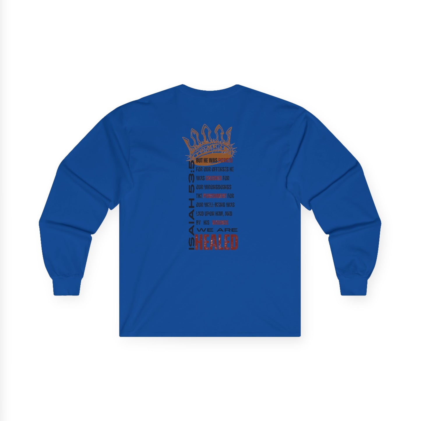 Blue long-sleeve Christ our Healer shirt featuring Isaiah 53 text and graphic design on the back