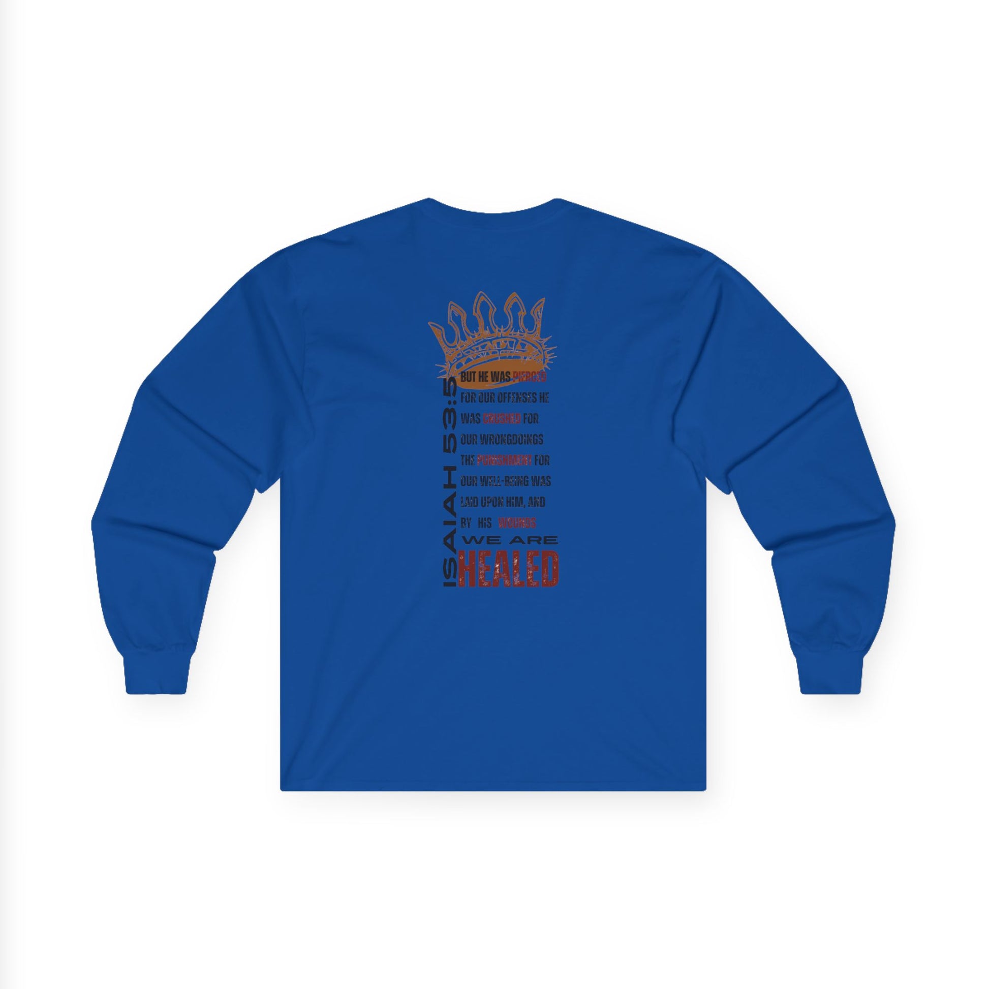 Blue long-sleeve Christ our Healer shirt featuring Isaiah 53 text and graphic design on the back