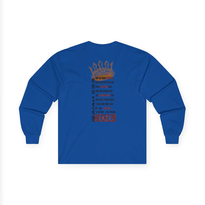 Blue long-sleeve Christ our Healer shirt featuring Isaiah 53 text and graphic design on the back