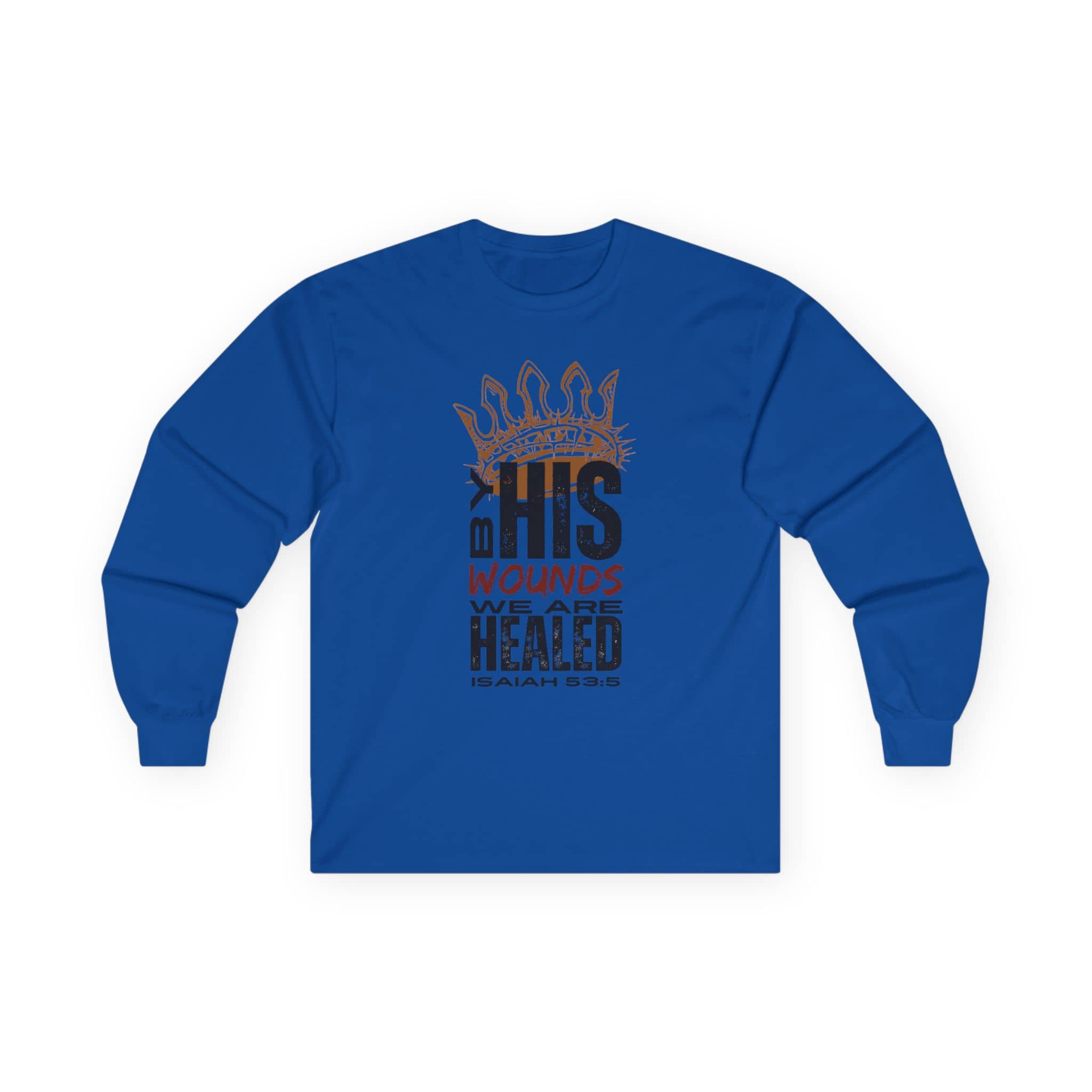 Blue long-sleeve Christ our Healer shirt with text from Isaiah 53:5 for spiritual inspiration