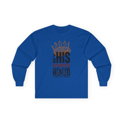 Blue long-sleeve Christ our Healer shirt with text from Isaiah 53:5 for spiritual inspiration
