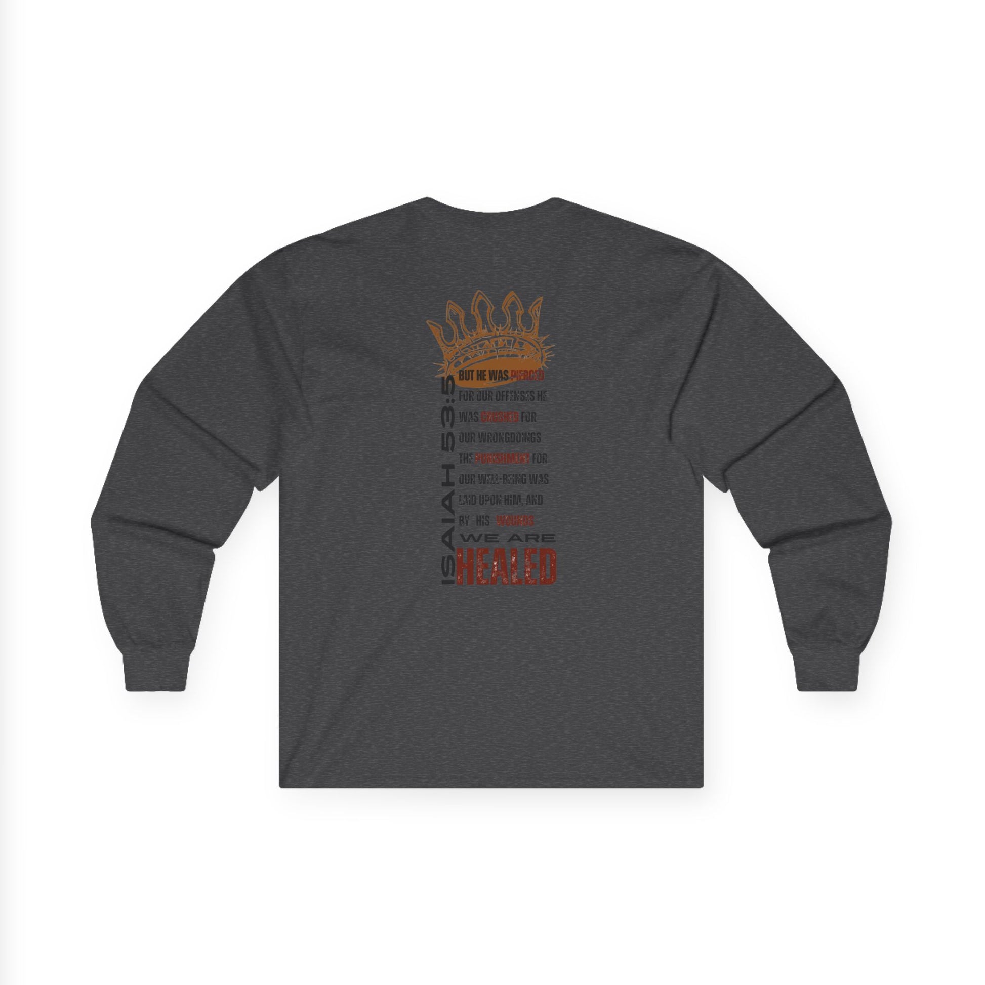 Christ our Healer shirt in dark gray featuring inspirational text and a unique design on the back