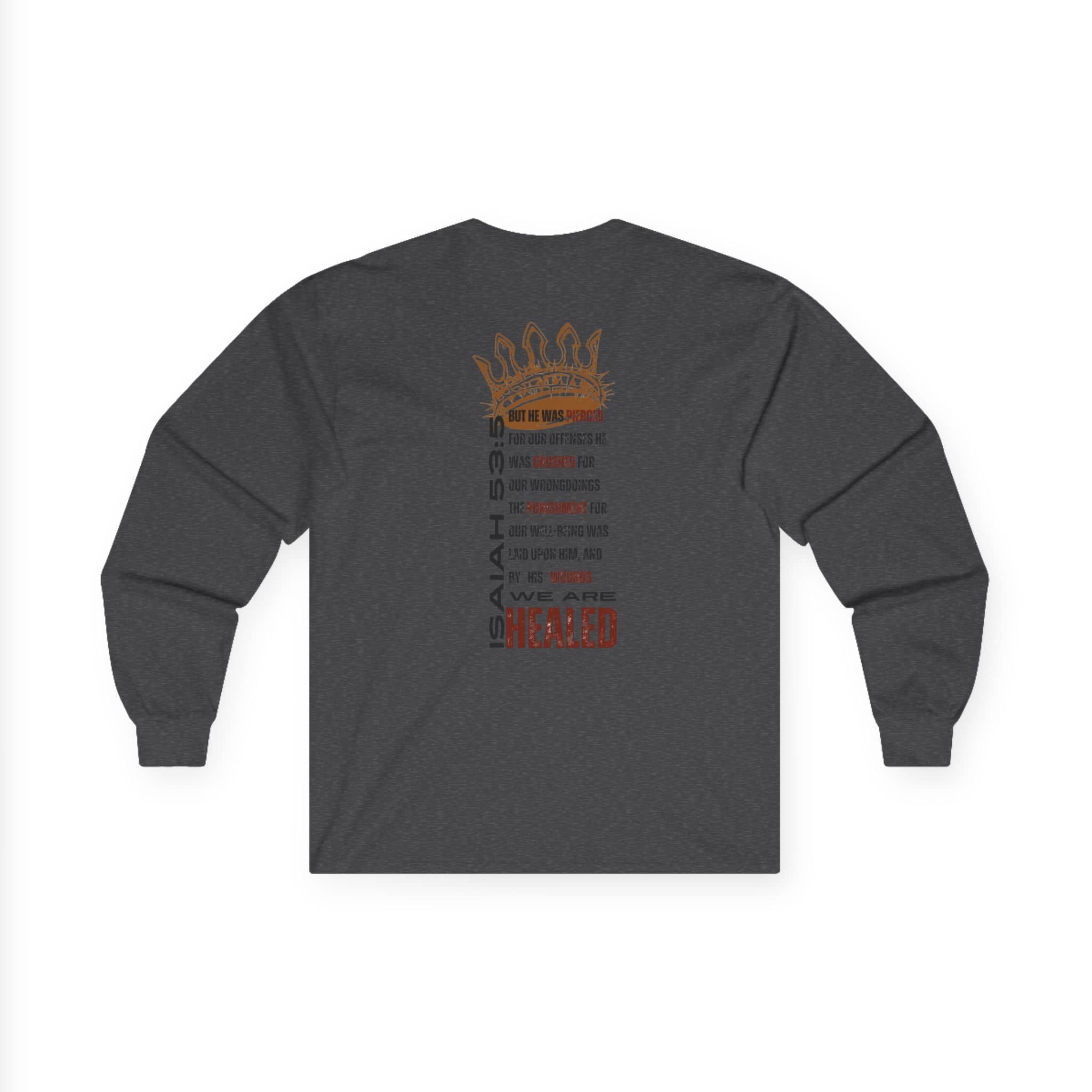 Christ our Healer shirt in dark gray featuring inspirational text and a unique design on the back