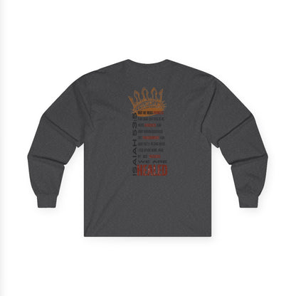 Christ our Healer shirt in dark gray featuring inspirational text and a unique design on the back
