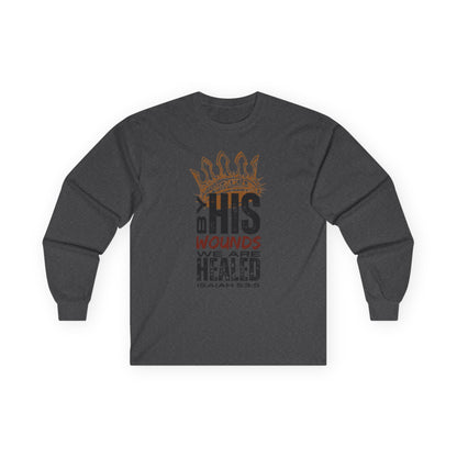 Christ our Healer shirt featuring inspiring text with a crown design on a long-sleeve fabric