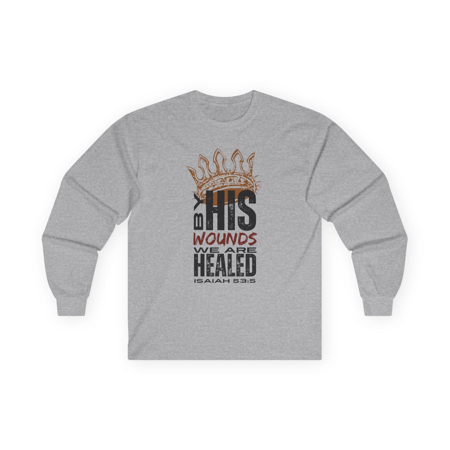 Gray long-sleeve Christ our Healer shirt featuring a powerful biblical message with a crown design