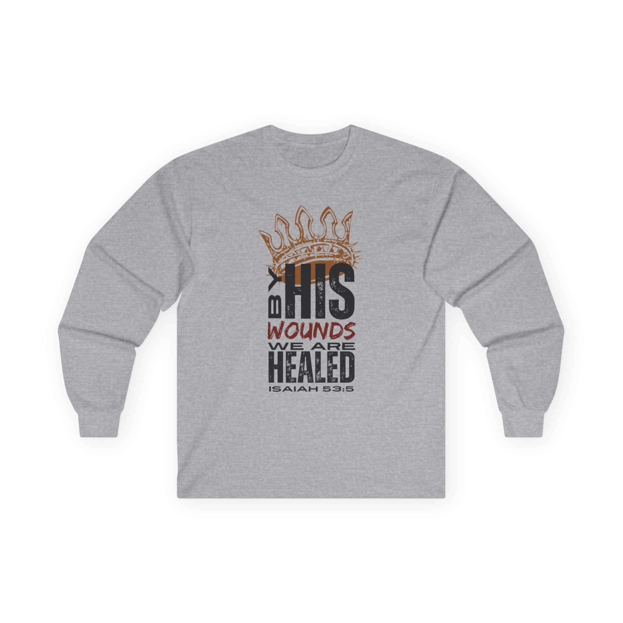 Gray long-sleeve Christ our Healer shirt featuring a powerful biblical message with a crown design