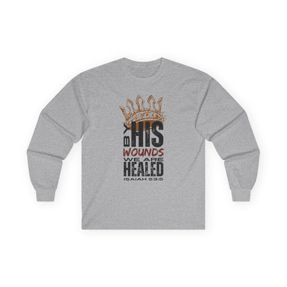 Gray long-sleeve Christ our Healer shirt featuring a powerful biblical message with a crown design
