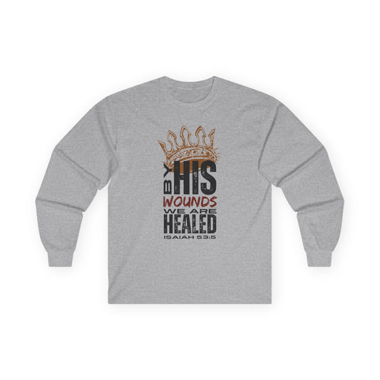 Gray long-sleeve Christ our Healer shirt featuring a powerful biblical message with a crown design