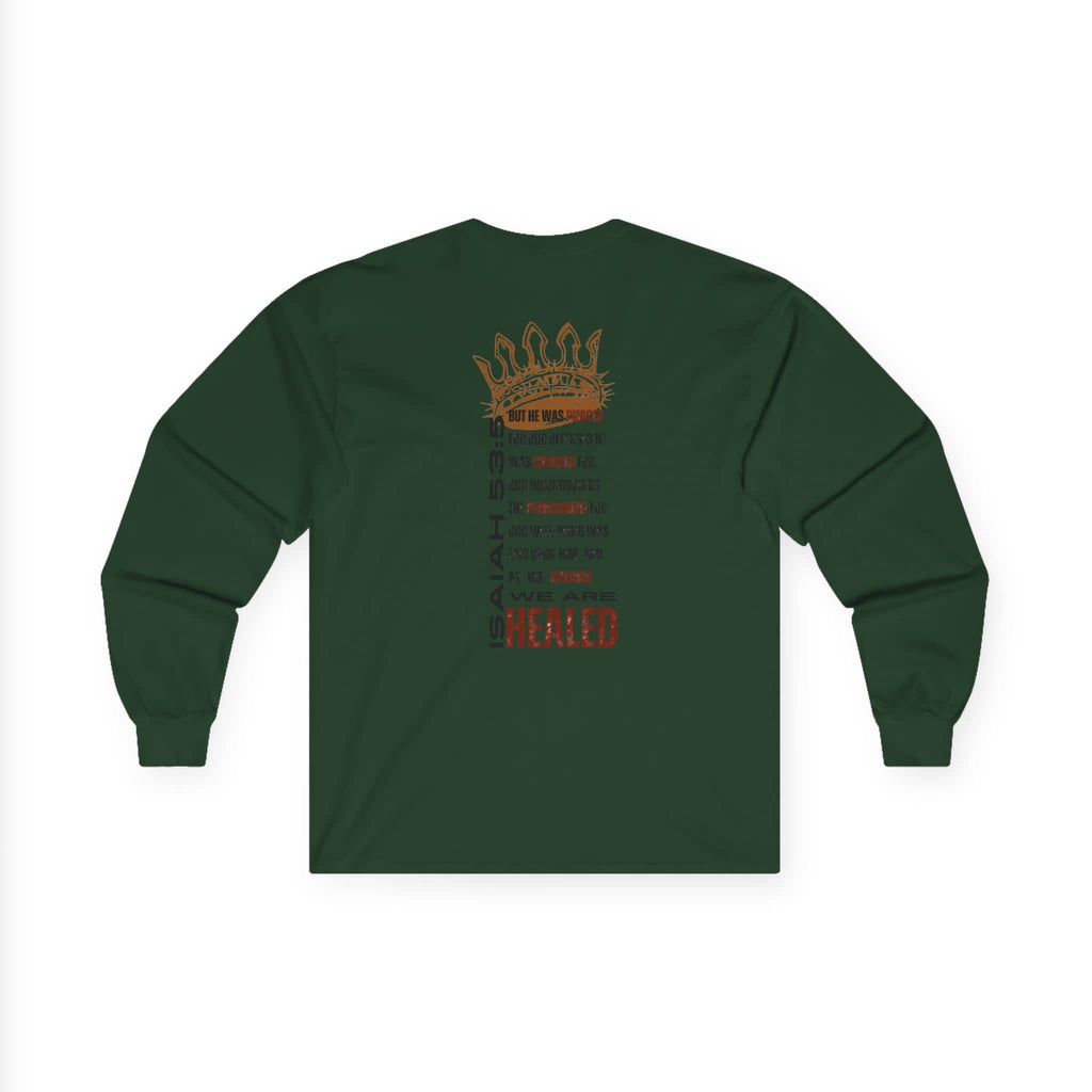 Christ our Healer shirt featuring text design on back in dark green long-sleeve fabric