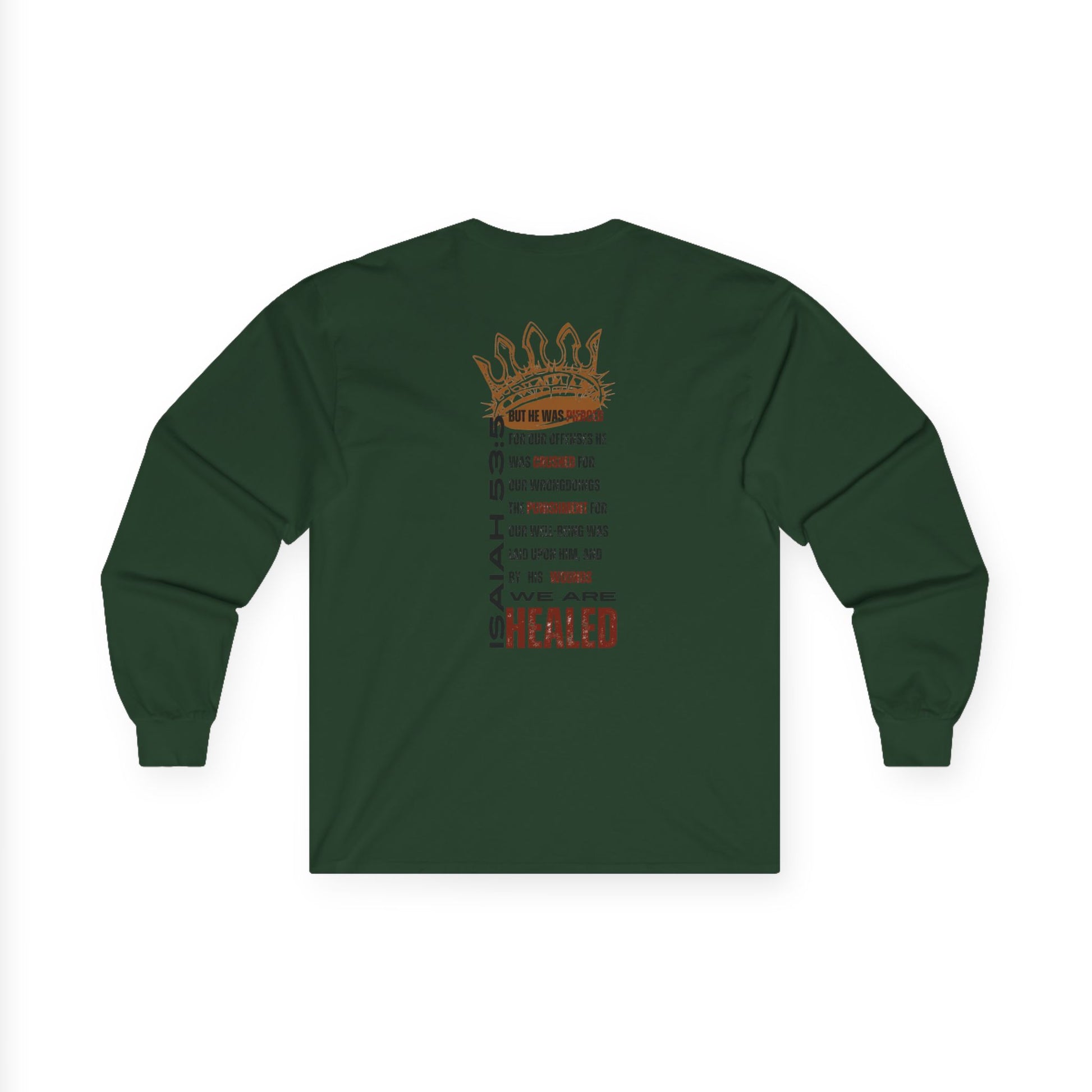 Christ our Healer shirt featuring text design on back in dark green long-sleeve fabric