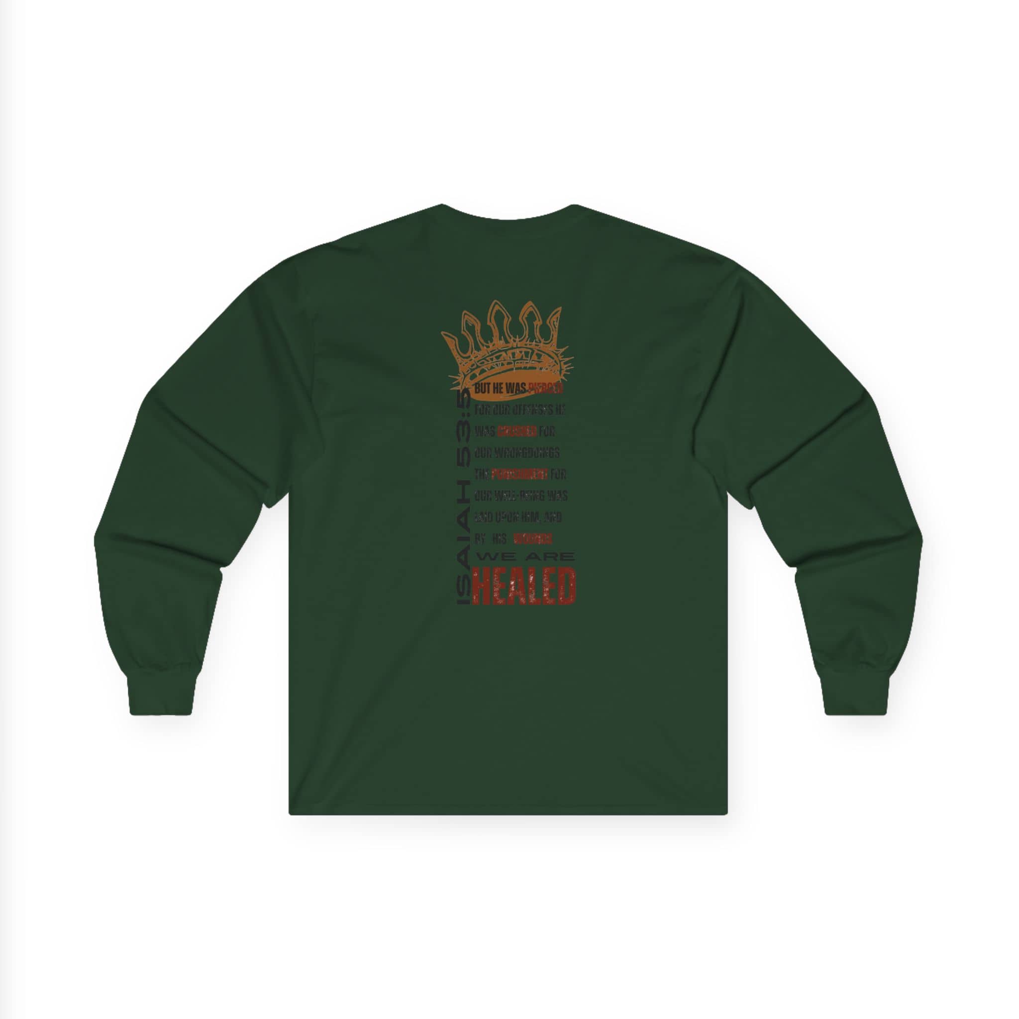 Christ our Healer shirt featuring text design on back in dark green long-sleeve fabric