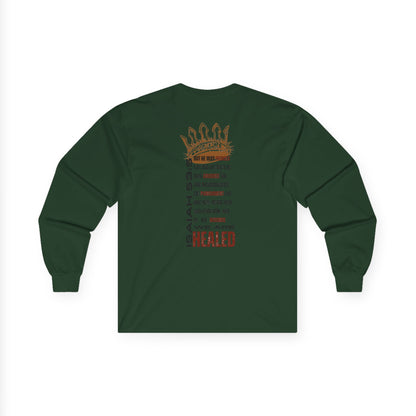 Christ our Healer shirt featuring text design on back in dark green long-sleeve fabric