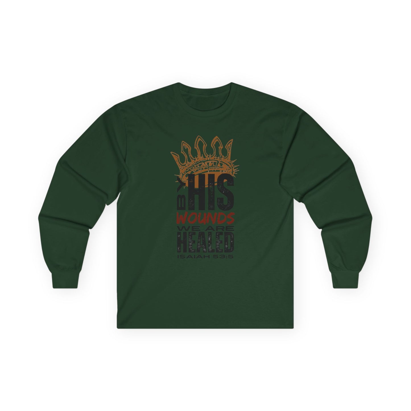 Christ our Healer shirt with crown design on a green long-sleeve for spiritual wear