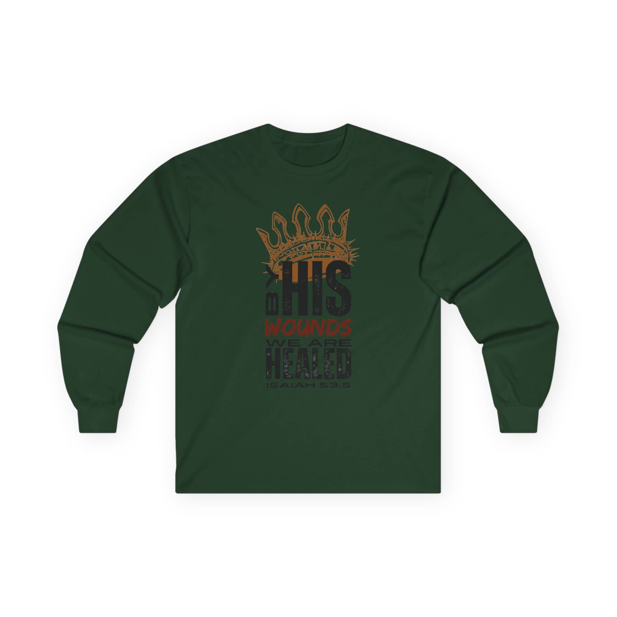Christ our Healer shirt with crown design on a green long-sleeve for spiritual wear