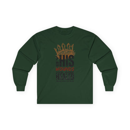 Christ our Healer shirt with crown design on a green long-sleeve for spiritual wear