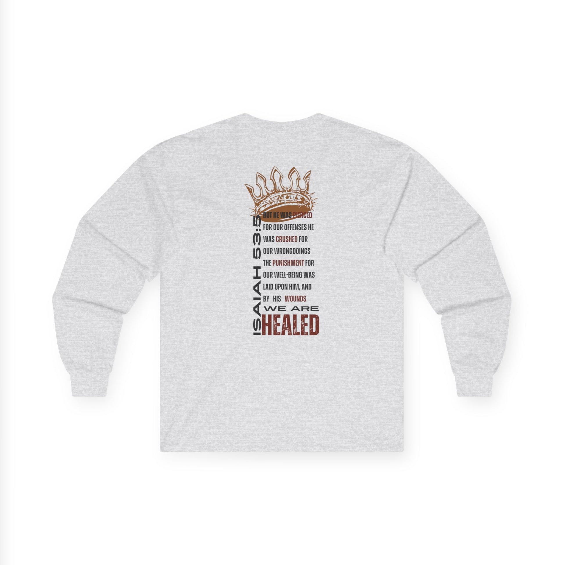 Christ our Healer shirt featuring inspiring text and crown design on the back in a long-sleeve style