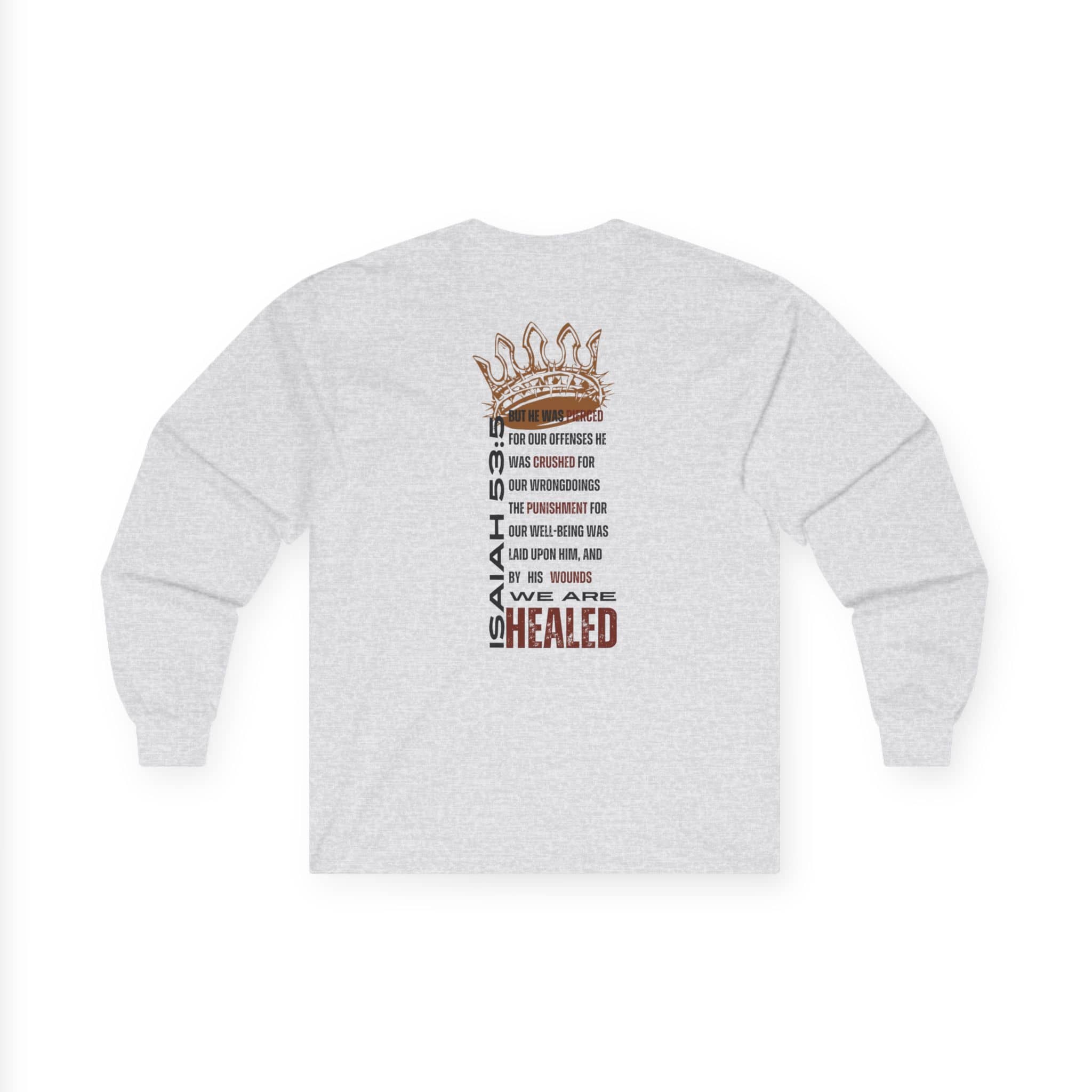 Christ our Healer shirt featuring inspiring text and crown design on the back in a long-sleeve style