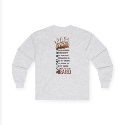 Christ our Healer shirt featuring inspiring text and crown design on the back in a long-sleeve style
