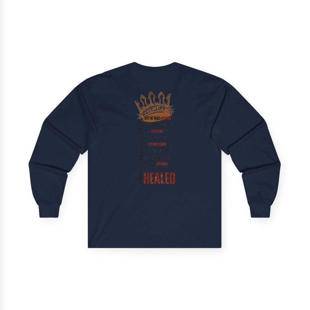 Navy long-sleeve Christ our Healer shirt featuring inspirational text design on the back