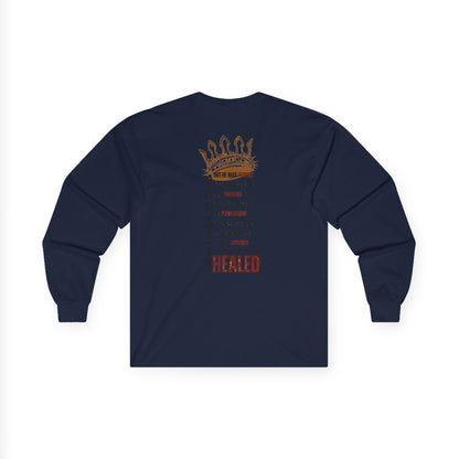 Navy long-sleeve Christ our Healer shirt featuring inspirational text design on the back