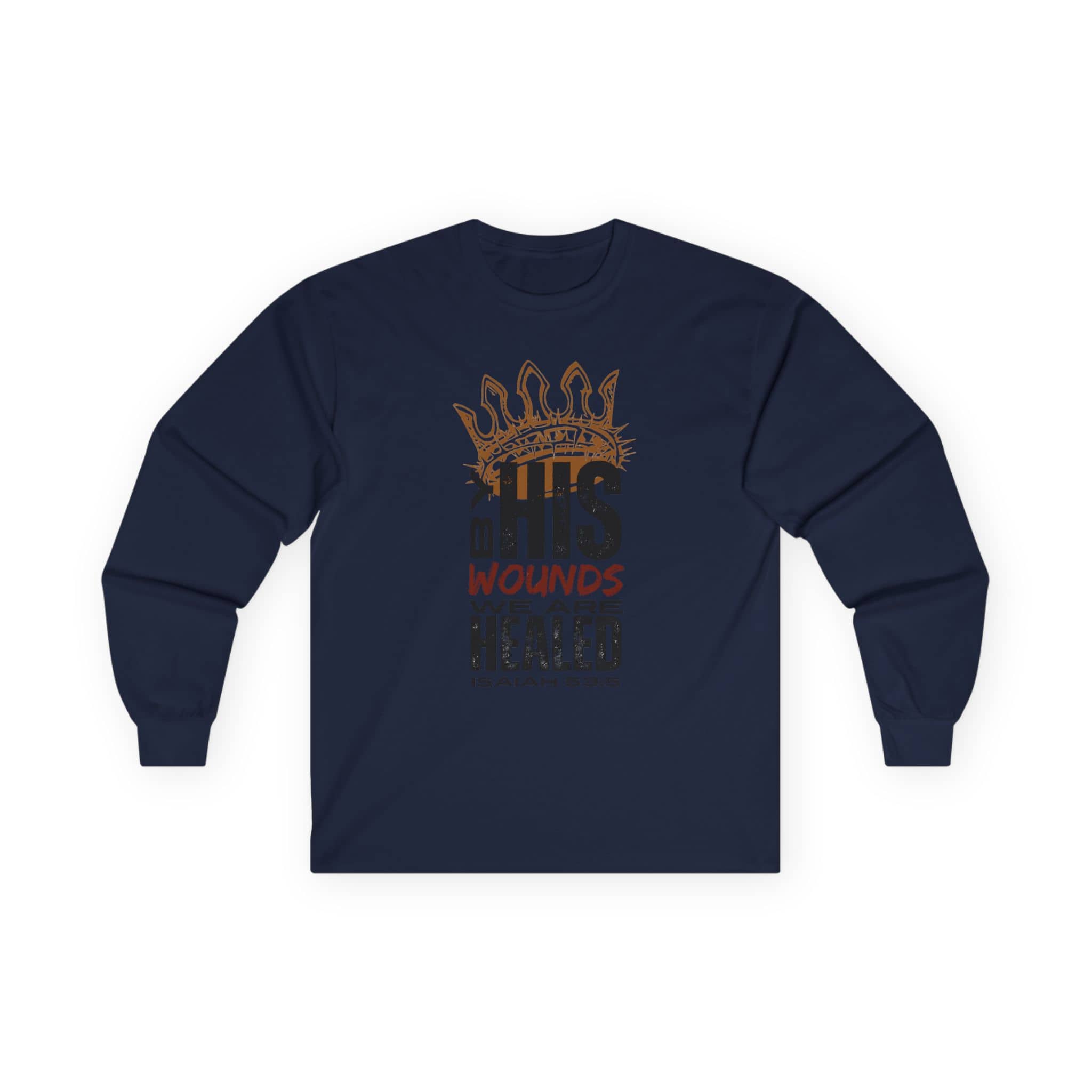 Christ our Healer shirt with a crown design and inspirational text on a navy long-sleeve fabric