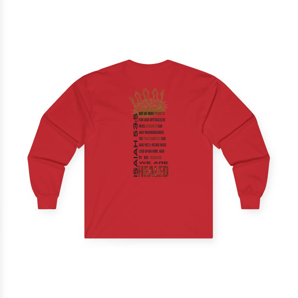 Red long-sleeve Christ our Healer shirt featuring inspirational text from Isaiah 53:5 on the back