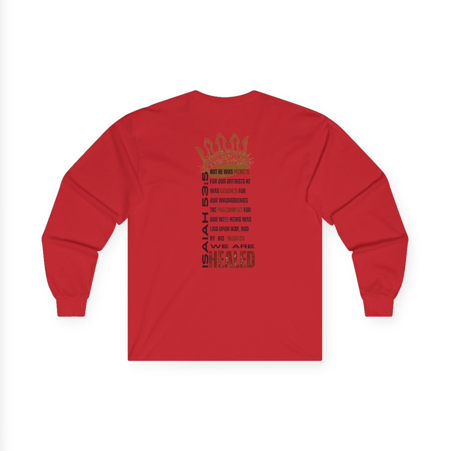 Red long-sleeve Christ our Healer shirt featuring inspirational text from Isaiah 53:5 on the back