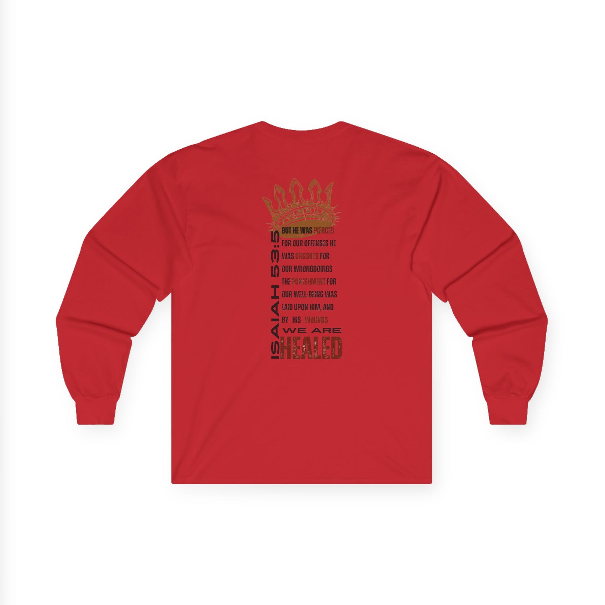 Red long-sleeve Christ our Healer shirt featuring inspirational text from Isaiah 53:5 on the back