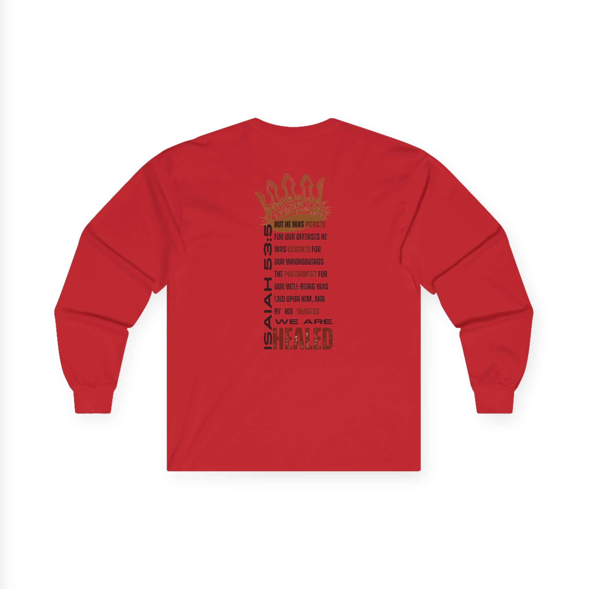 Red long-sleeve Christ our Healer shirt featuring inspirational text from Isaiah 53:5 on the back