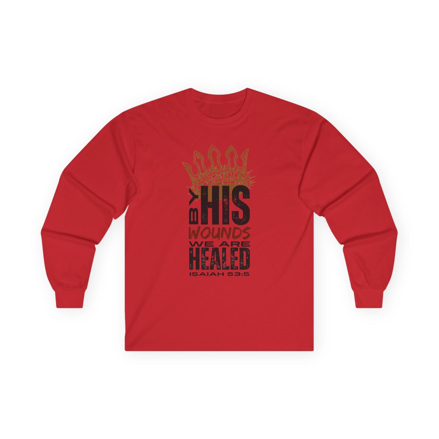 Red long-sleeve Christ our Healer shirt with Isaiah 53:5 quote and distressed graphic design