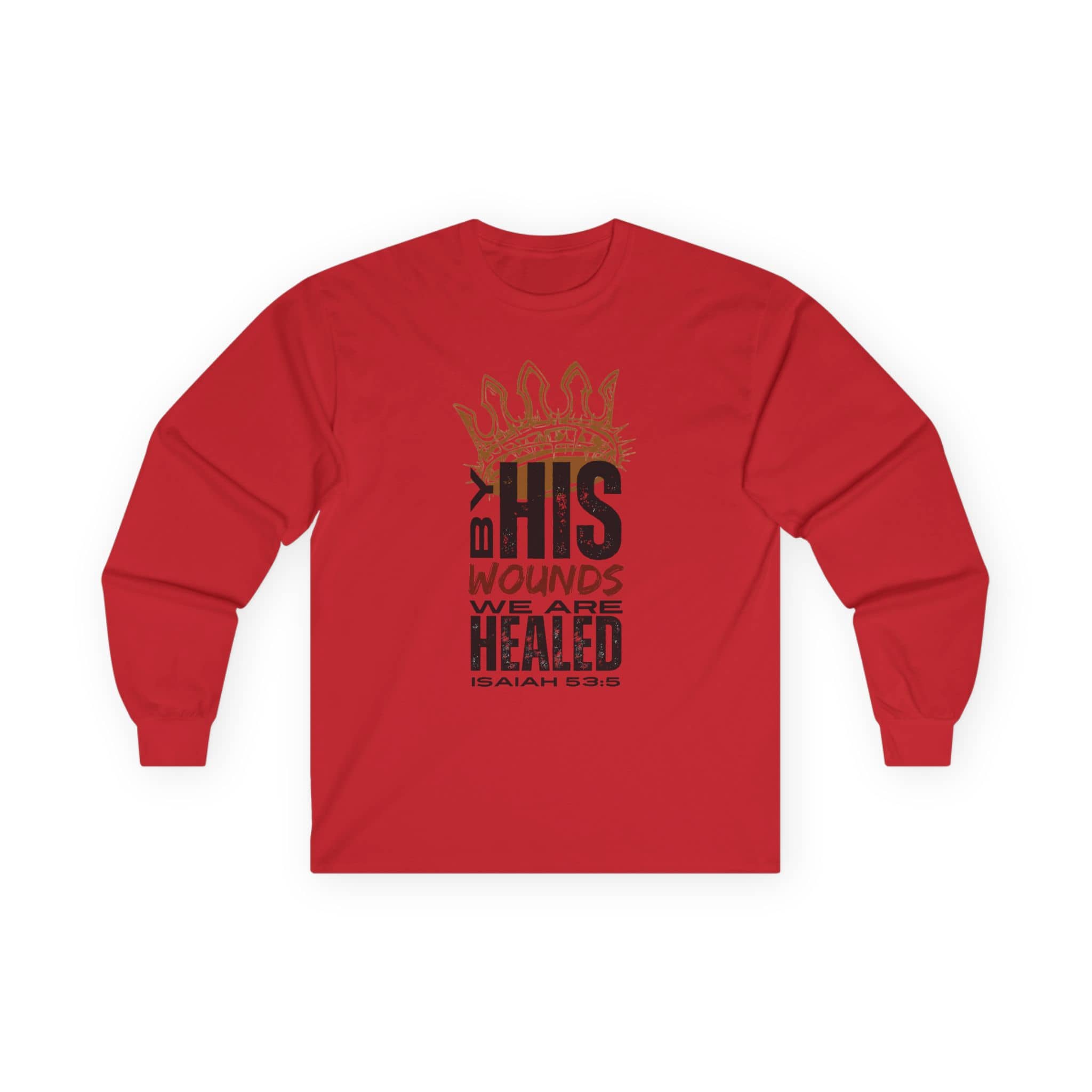 Red long-sleeve Christ our Healer shirt with Isaiah 53:5 quote and distressed graphic design