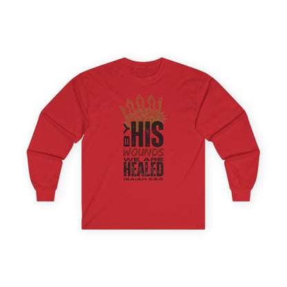 Red long-sleeve Christ our Healer shirt with Isaiah 53:5 quote and distressed graphic design