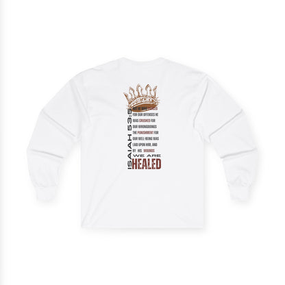 Long-sleeve Christ our Healer shirt featuring Isaiah 53:5 and a crown design on the back