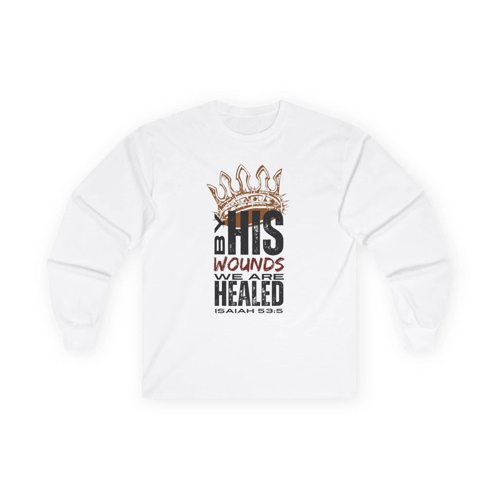 White long-sleeve Christ our Healer shirt featuring a crown design and Isaiah 53:5 text