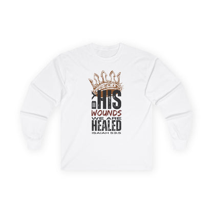White long-sleeve Christ our Healer shirt featuring a crown design and Isaiah 53:5 text