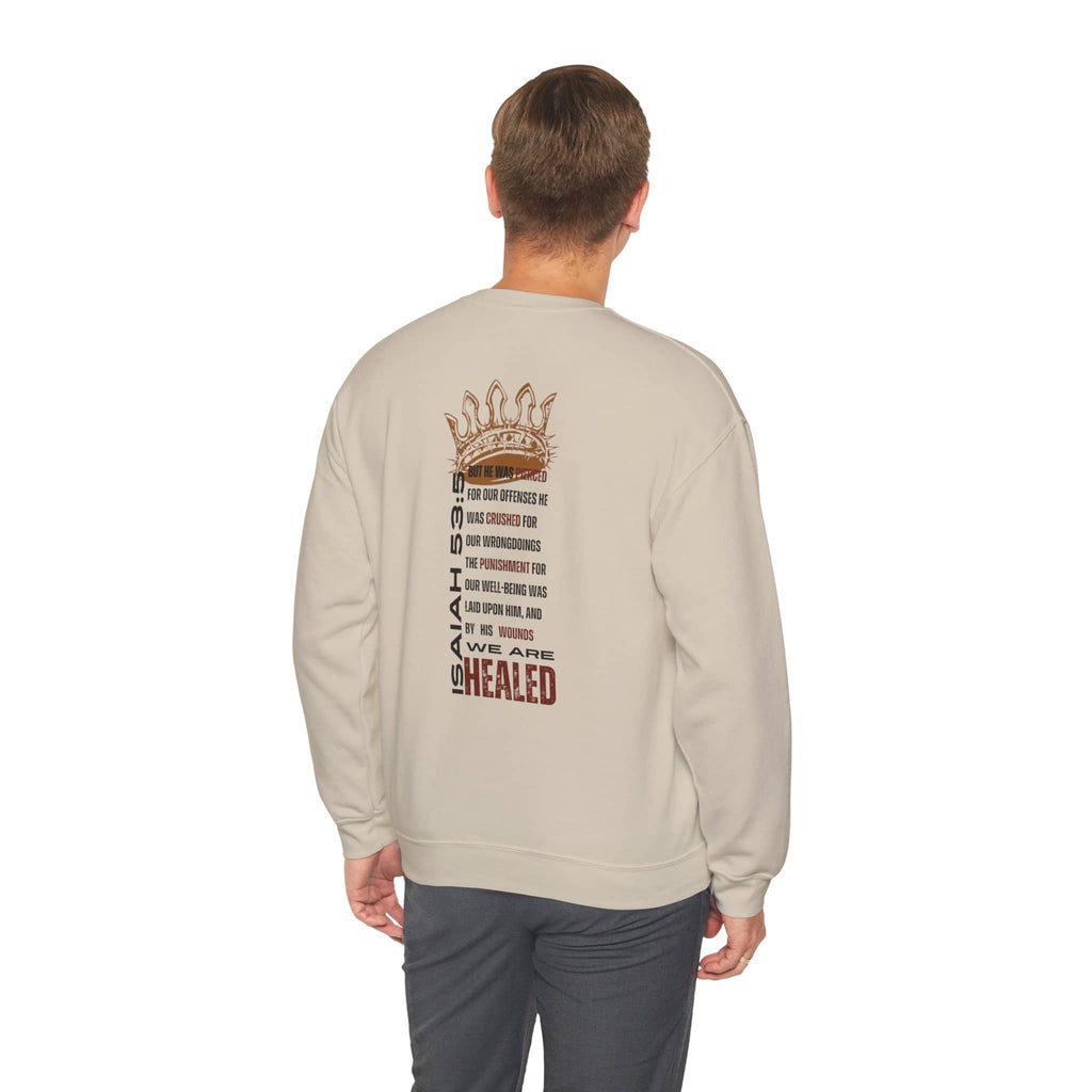 Rear view of Christ our Healer sweatshirt featuring inspirational text and a crown design