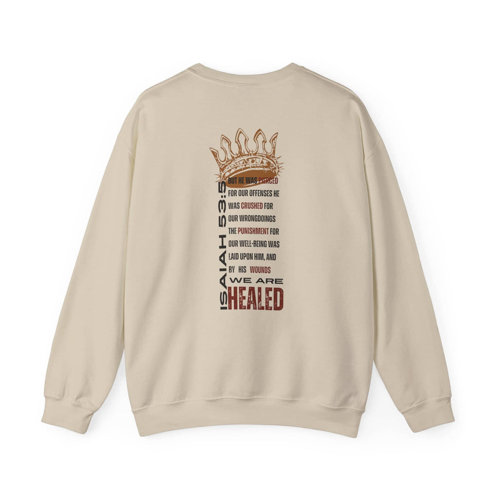Christ our Healer sweatshirt with graphic design featuring Isaiah 53:5 and a crown motif