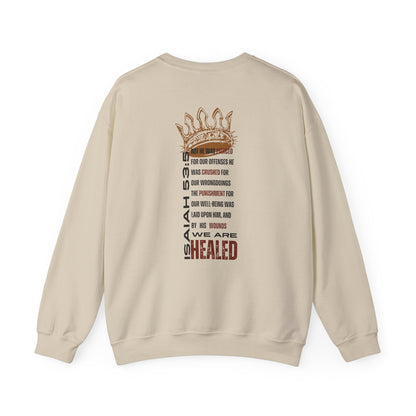 Christ our Healer sweatshirt with graphic design featuring Isaiah 53:5 and a crown motif