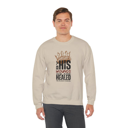 Beige Christ our Healer sweatshirt featuring a bold graphic and scripture from Isaiah 53:5