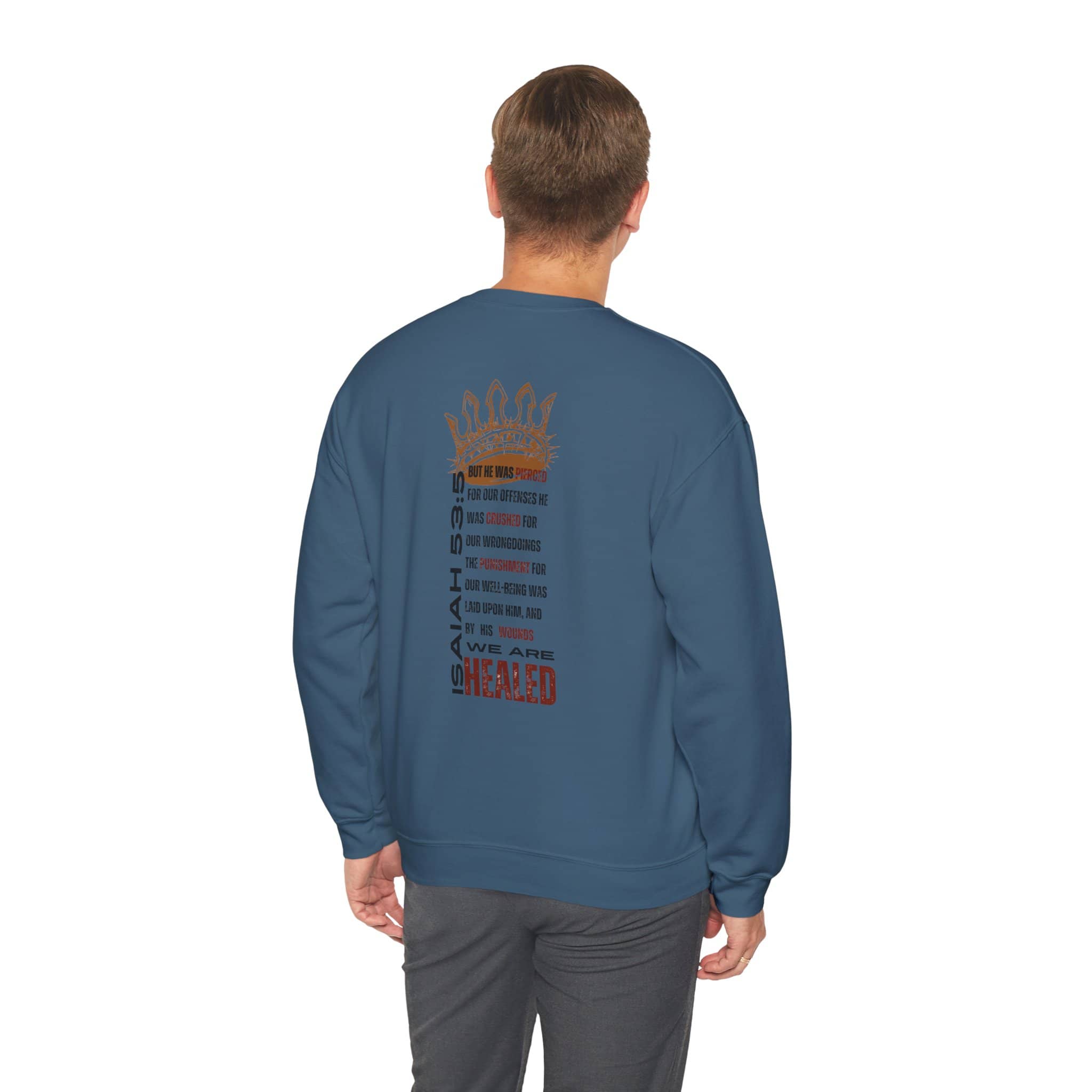 Christ our Healer sweatshirt in blue with inspirational text design on the back