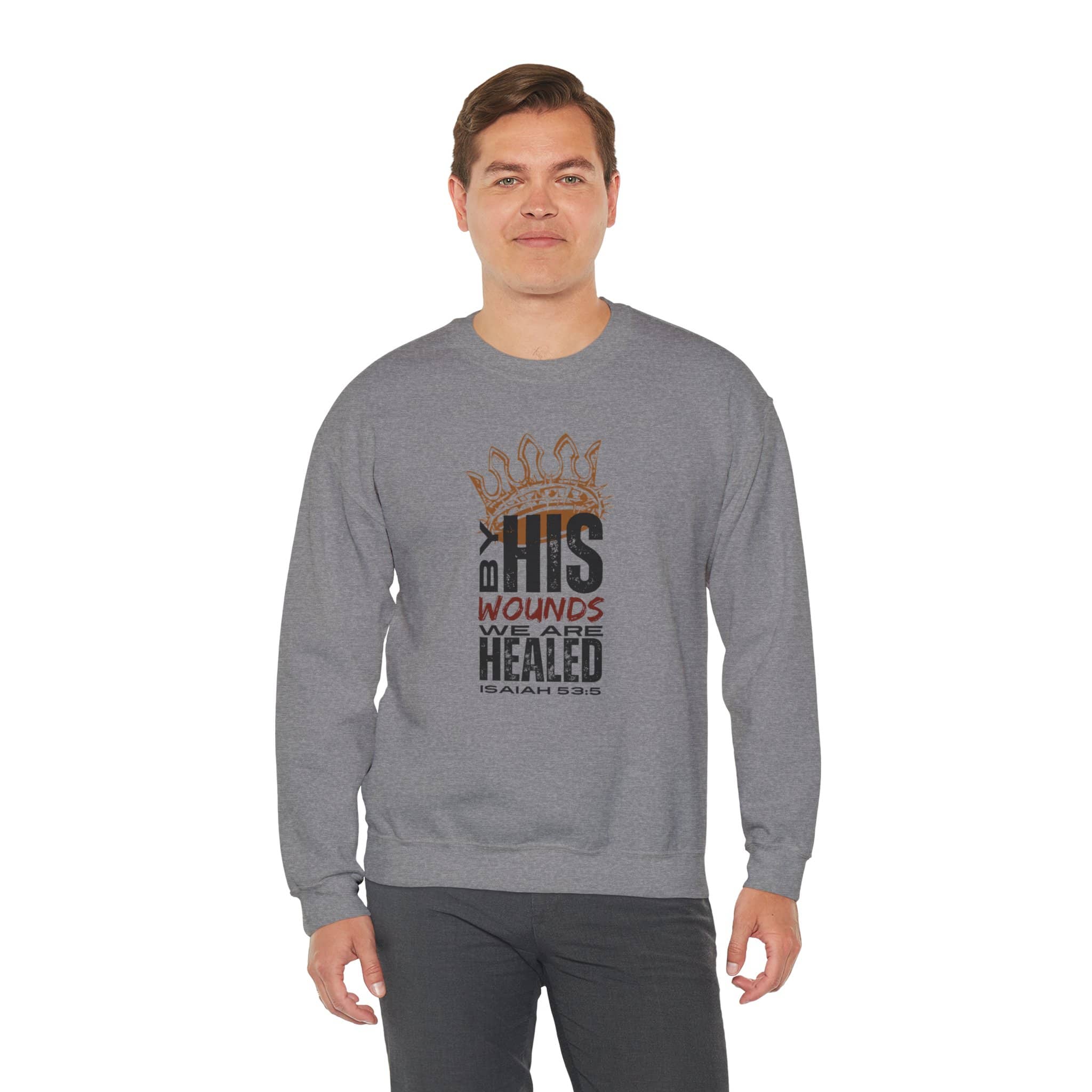 Gray Christ our Healer sweatshirt featuring a bold design with scripture reference from Isaiah 53:5