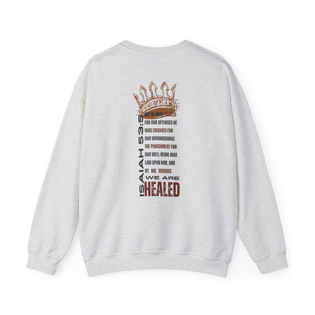 Christ our Healer sweatshirt in light gray featuring Isaiah 53 verse design on the back