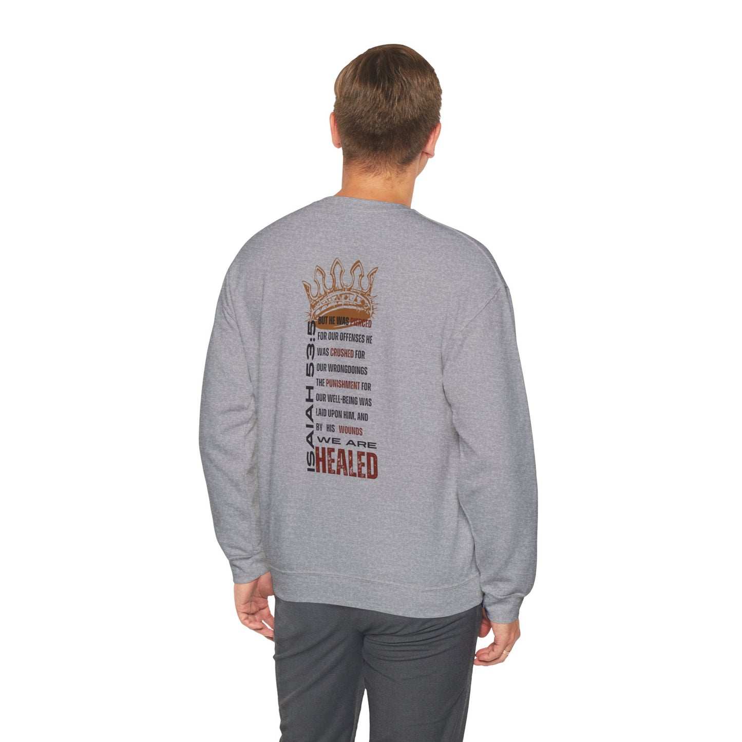 Christ our Healer sweatshirt featuring inspirational text design on the back in stylish gray fabric