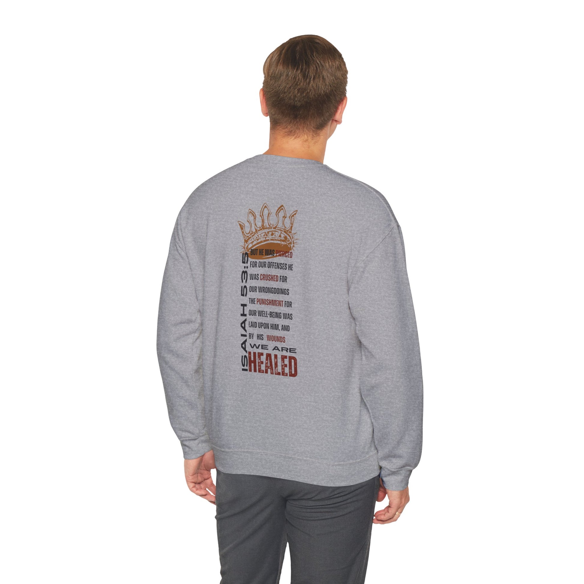 Christ our Healer sweatshirt featuring inspirational text design on the back in stylish gray fabric