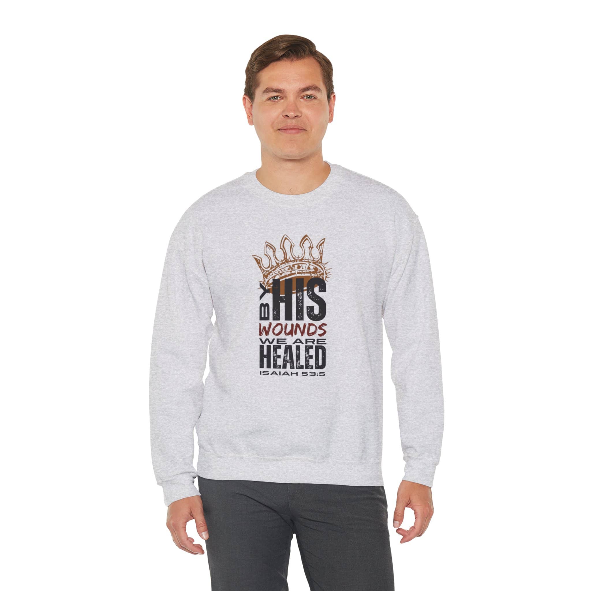 Men's gray Christ our Healer sweatshirt featuring inspiring text about healing from Isaiah 53:5