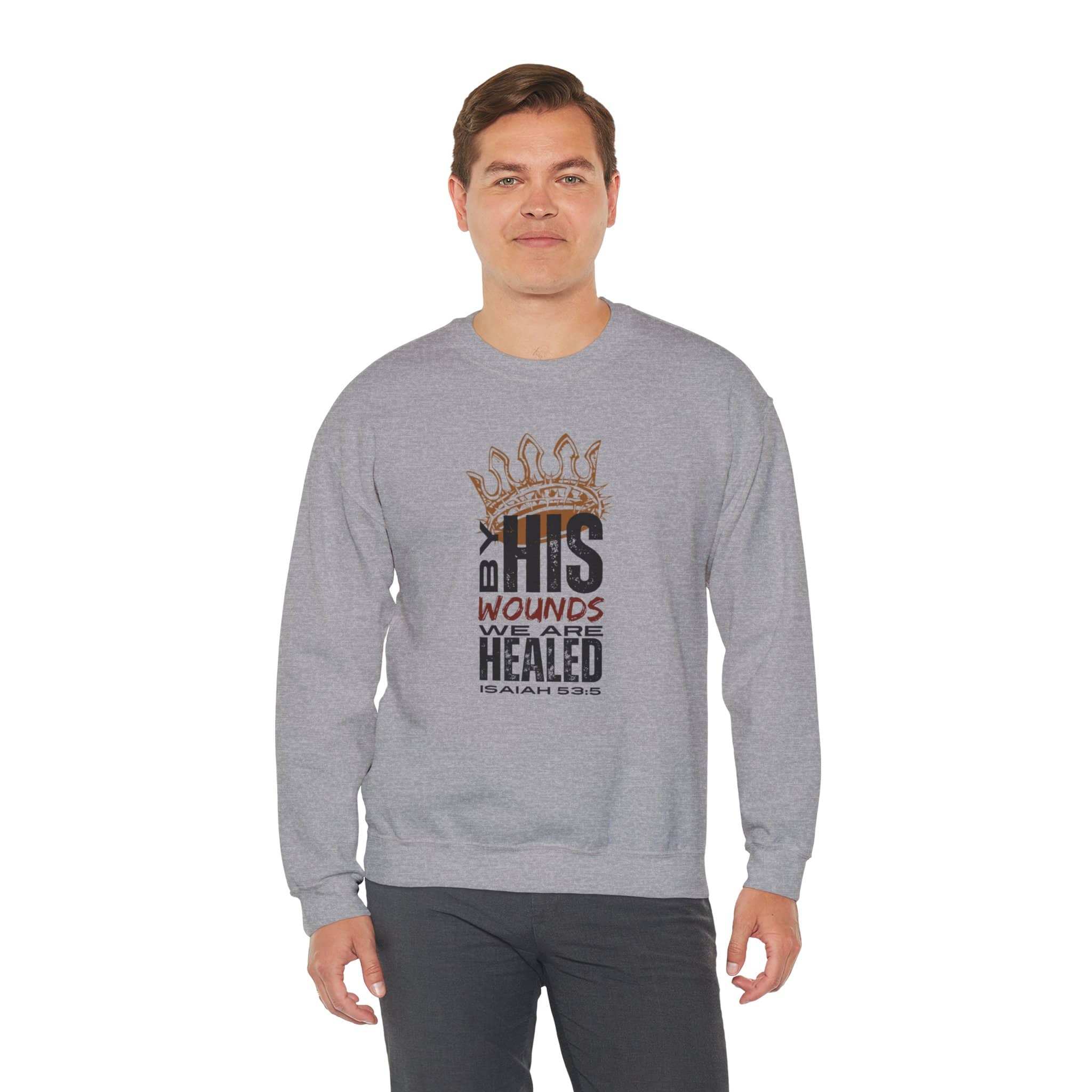 Gray Christ our Healer sweatshirt with inspirational graphic and text from Isaiah 53 5