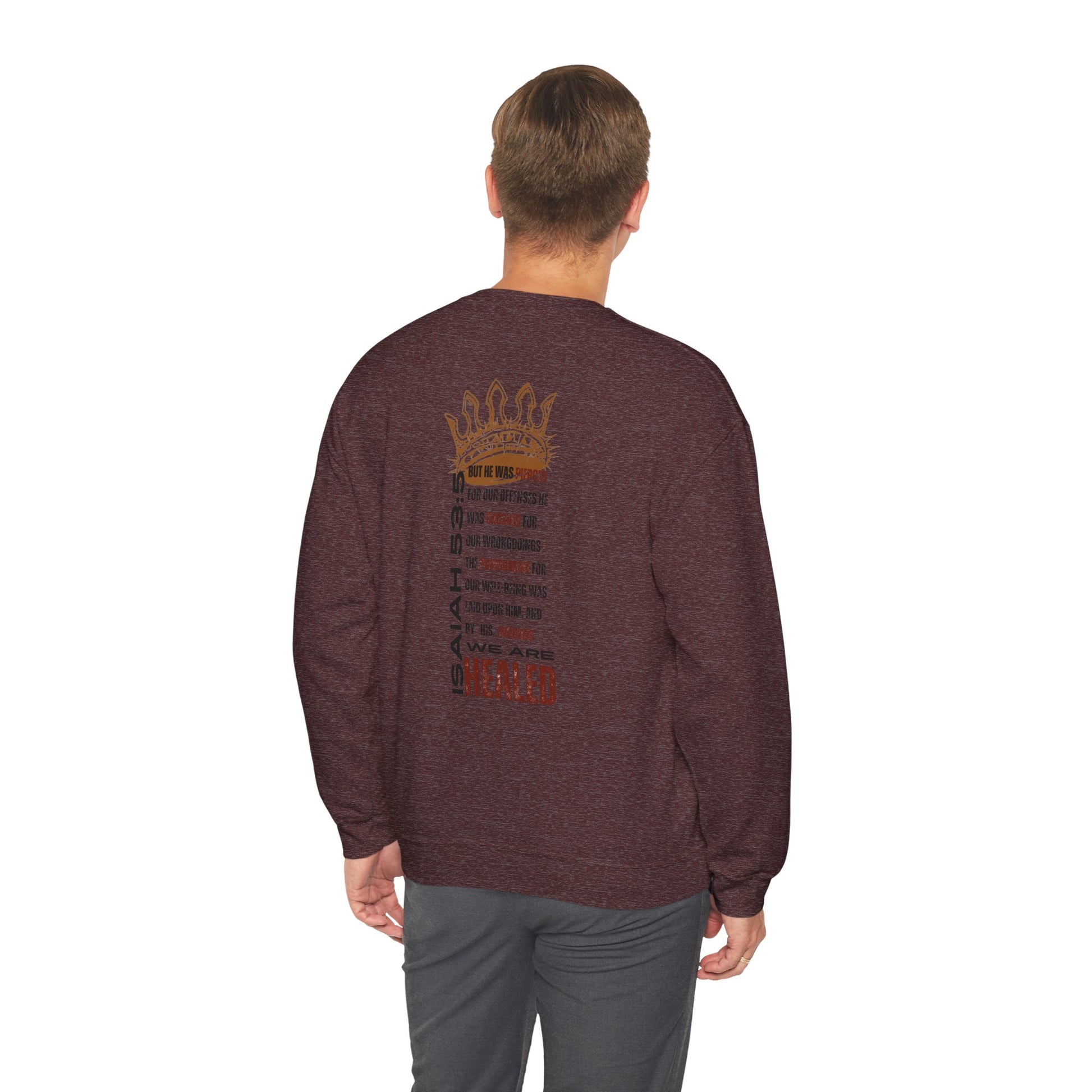 Back view of a maroon Christ our Healer sweatshirt featuring a crown design and inspirational text