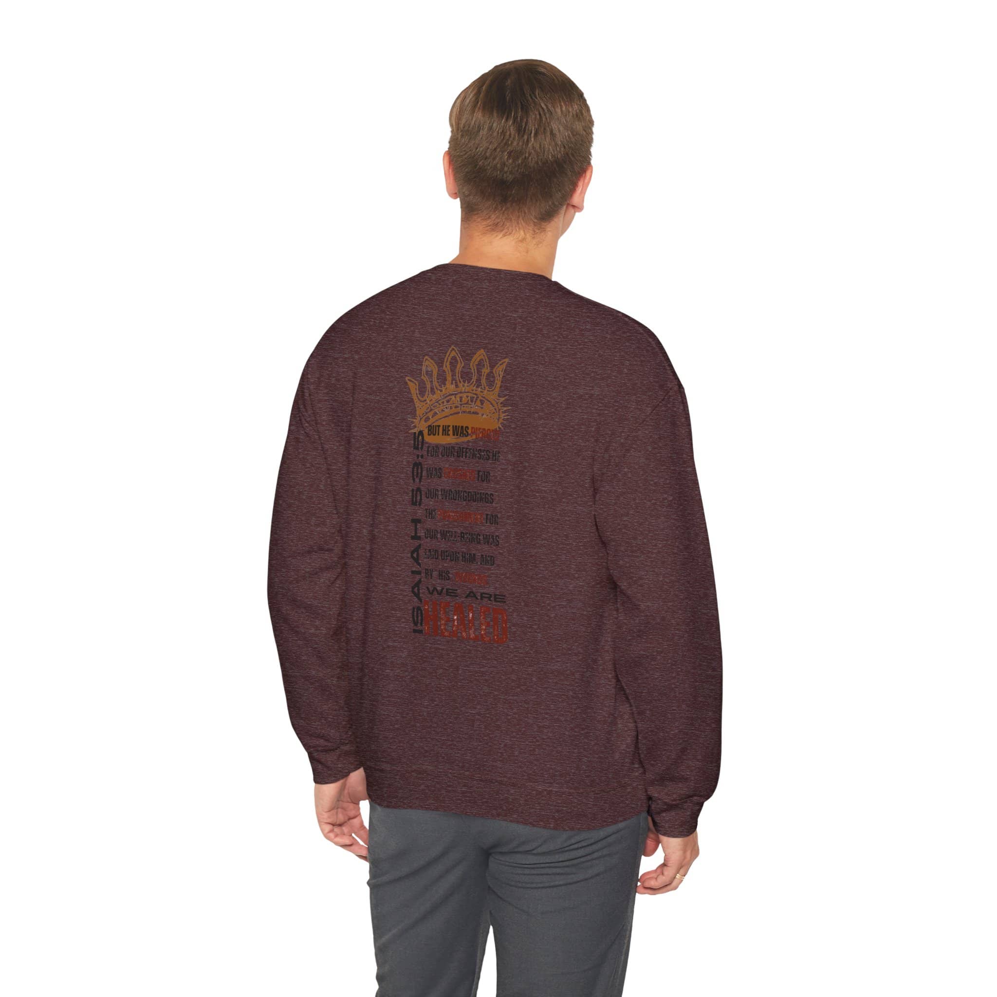 Back view of a maroon Christ our Healer sweatshirt featuring a crown design and inspirational text